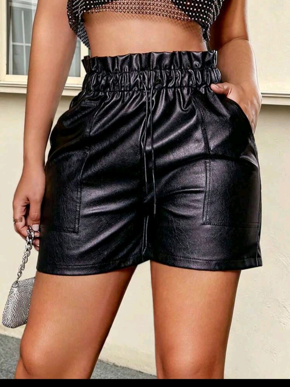 SHEIN Black High-Waist Faux Leather Paperbag Shorts